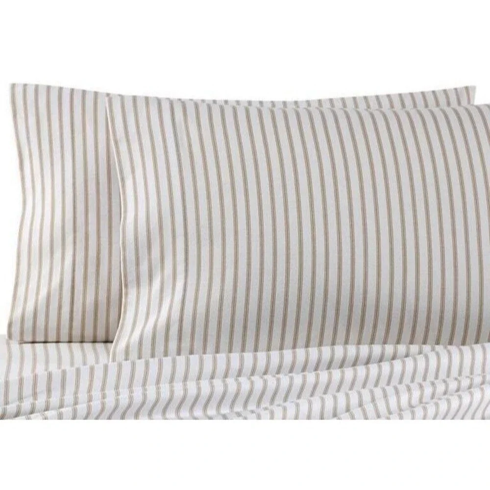 Seasons Luxury Twin Flannel Sheet Set Taupe Ivory Ticking Stripe Bedding